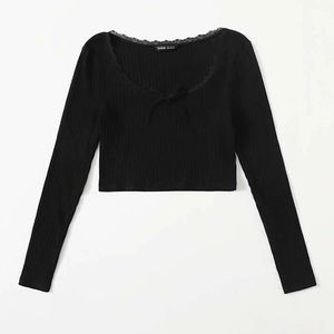 Lace Trim Black Ribbed Knit Top